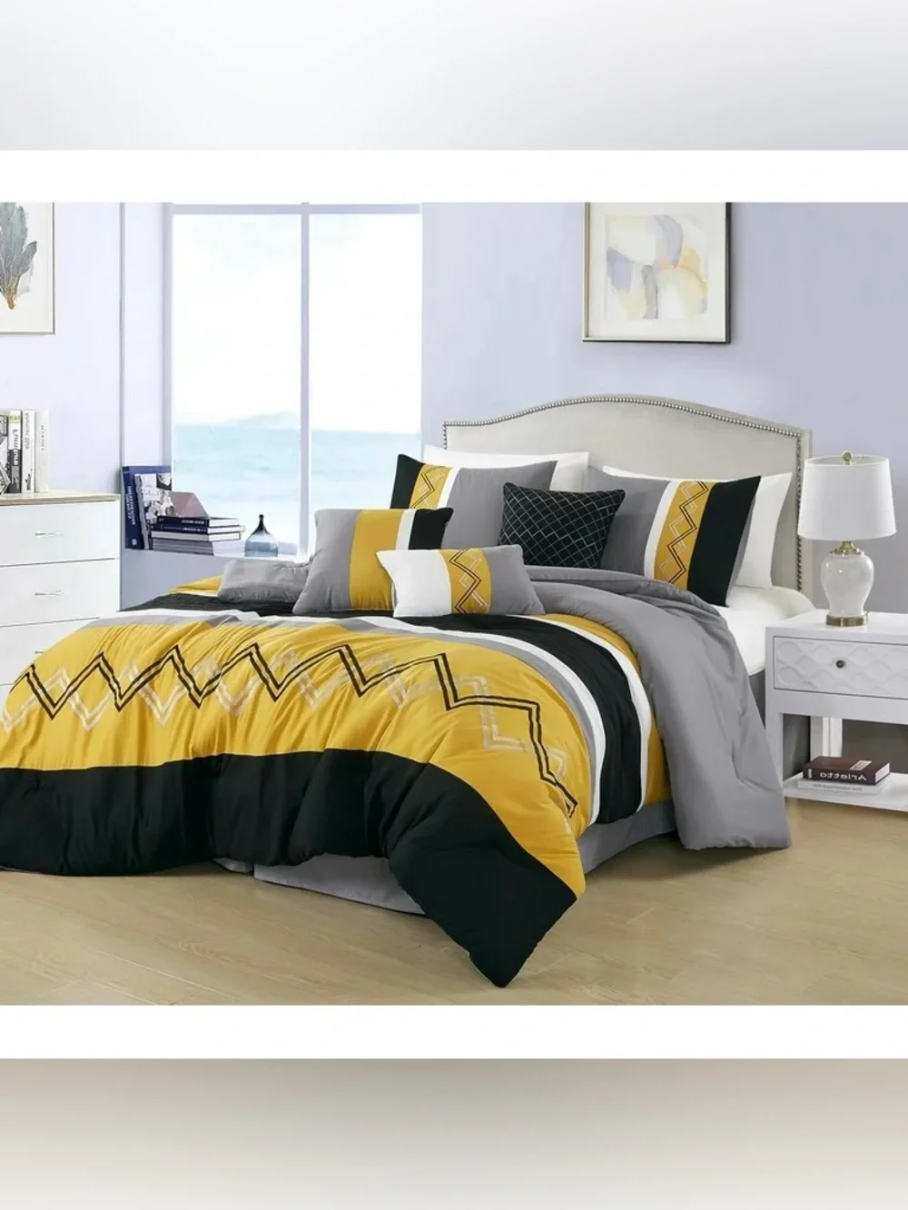 Modern Geo Stripe Yellow and Gray Queen 3 piece Comforter Set